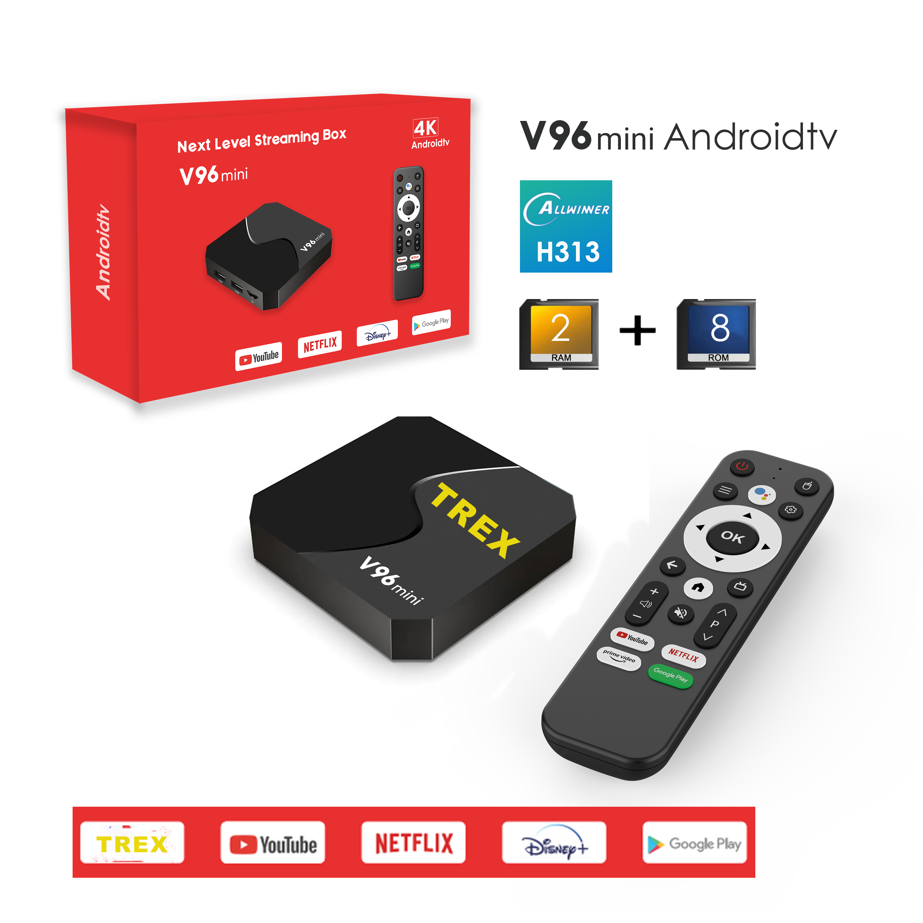 Android TV Box with trex 1year FREE TV channels 2GB 8GB Android 12 Dual band WIFI BT Voice Remote TV Box Smart 4K Ultra HD