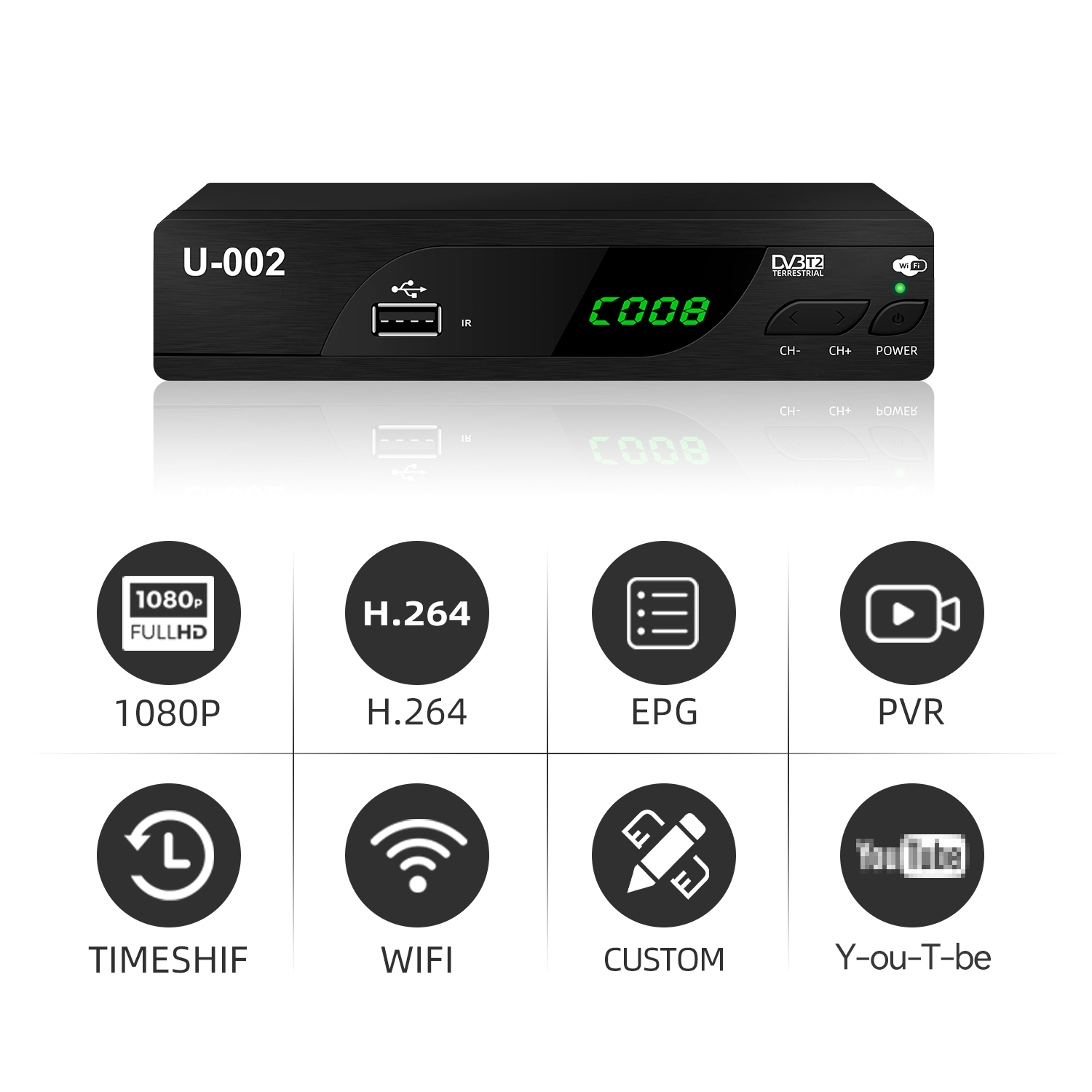 Hot Selling Full HD H.264 Support PVR EPG WIFI Digital TV Box U-002 DVB-T2 Decoder