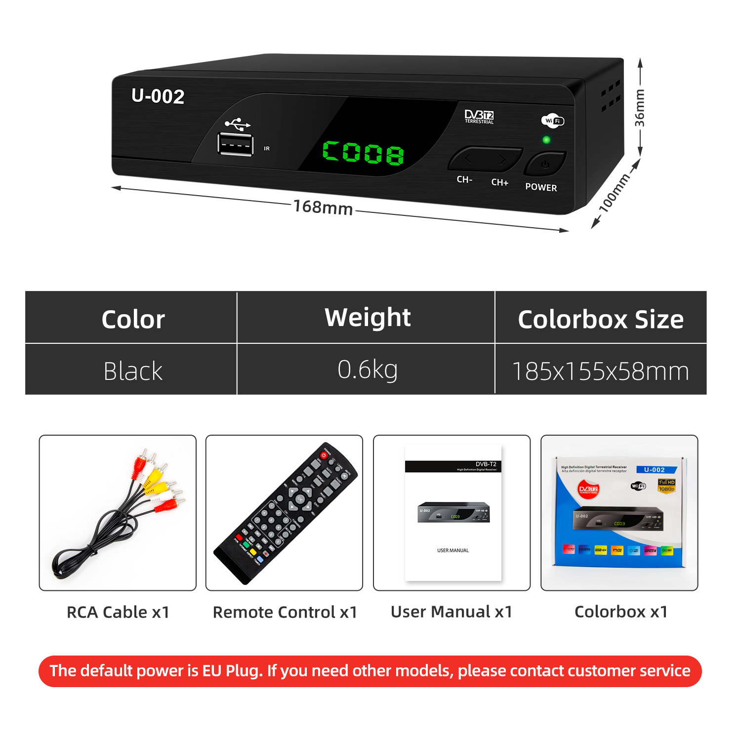 Hot Selling Full HD H.264 Support PVR EPG WIFI Digital TV Box U-002 DVB-T2 Decoder