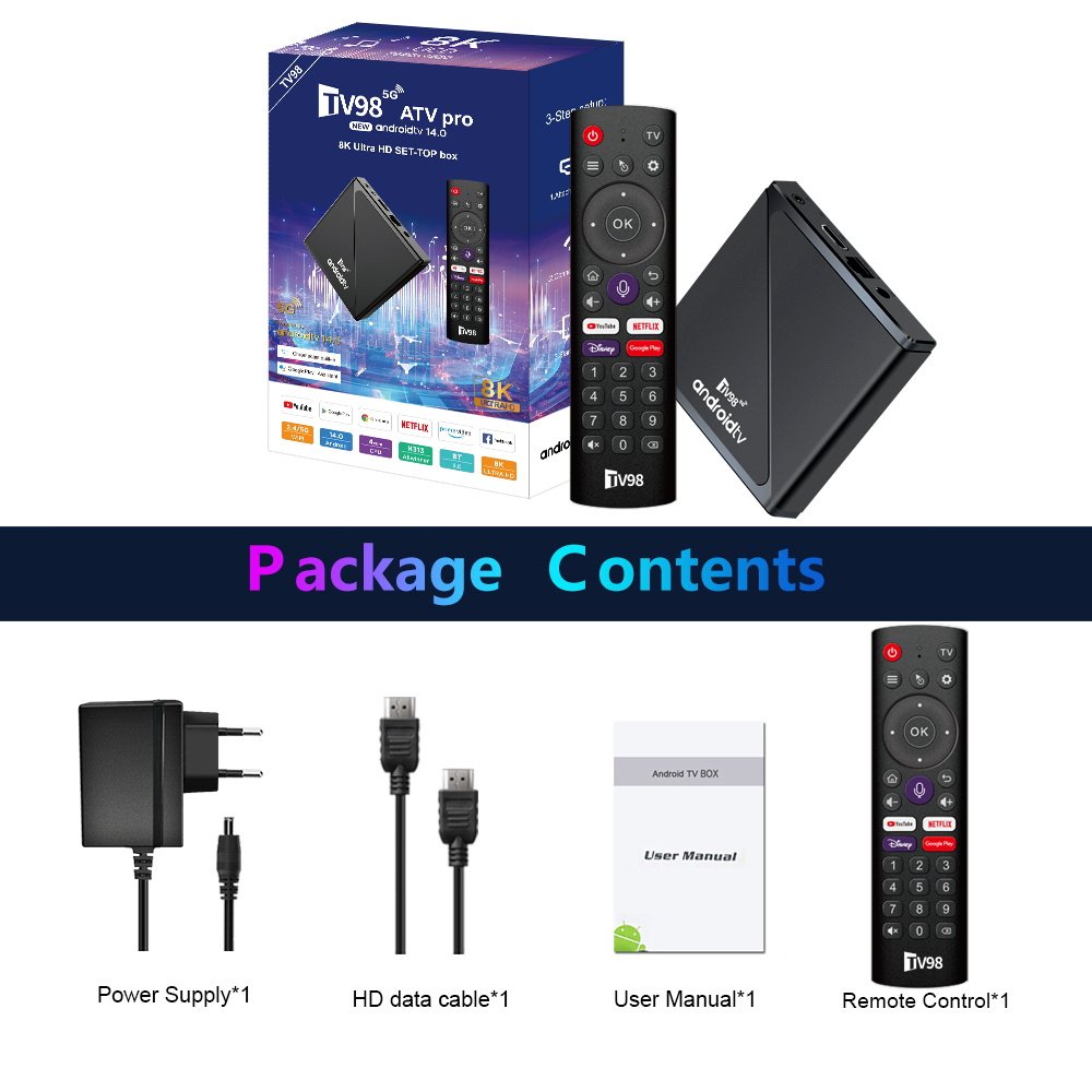 TV98 PRO ATV Android 14 Allwinner H313 5G Wifi 8K 16GB smart tv box with BT Voice Remote Set-Top Box number keys/IR Learning