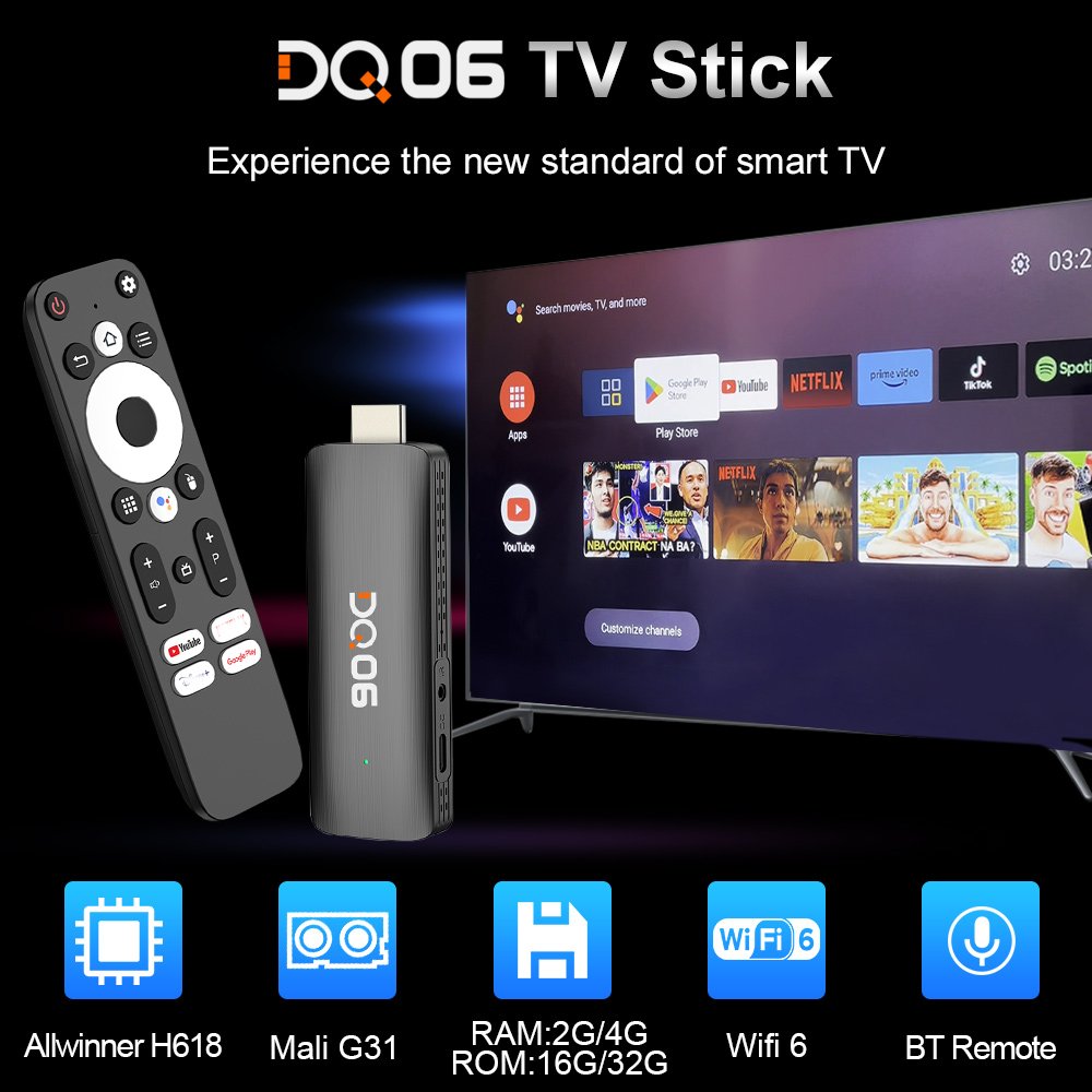 DQ06 ATV Mini TVStick Android12 Allwinner H618 Quad Core Support 8K Video 4K@60fps Wifi6 BT5.0 Voice Remote TV Box set top box