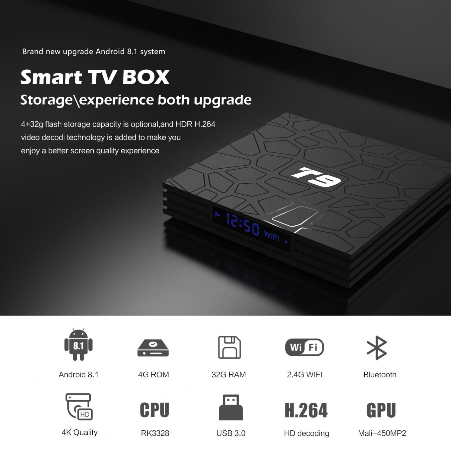 Smart TV BOX T9 android 8.1 RK3318 Quadcore 2G/4GB RAM USB 3.0 4K Set Top Box GPU Mali-450MP2 Smart TVbox Support Multi Games
