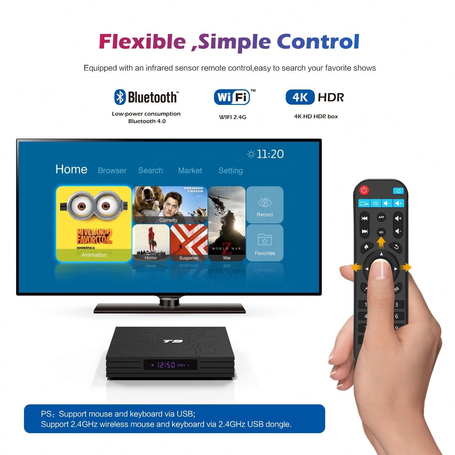 Smart TV BOX T9 android 8.1 RK3318 Quadcore 2G/4GB RAM USB 3.0 4K Set Top Box GPU Mali-450MP2 Smart TVbox Support Multi Games