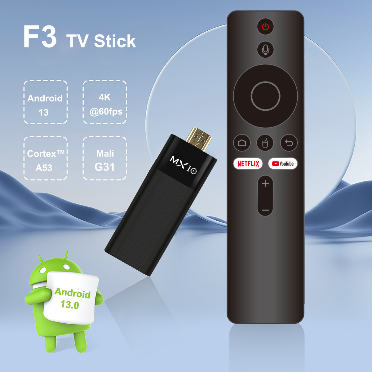 Factory MX10 F3 TV Stick 4K Android 13 Atv H313 2GB 16GB ROM Dual Wifi BT Smart Fire TV Stick Set-Top Box