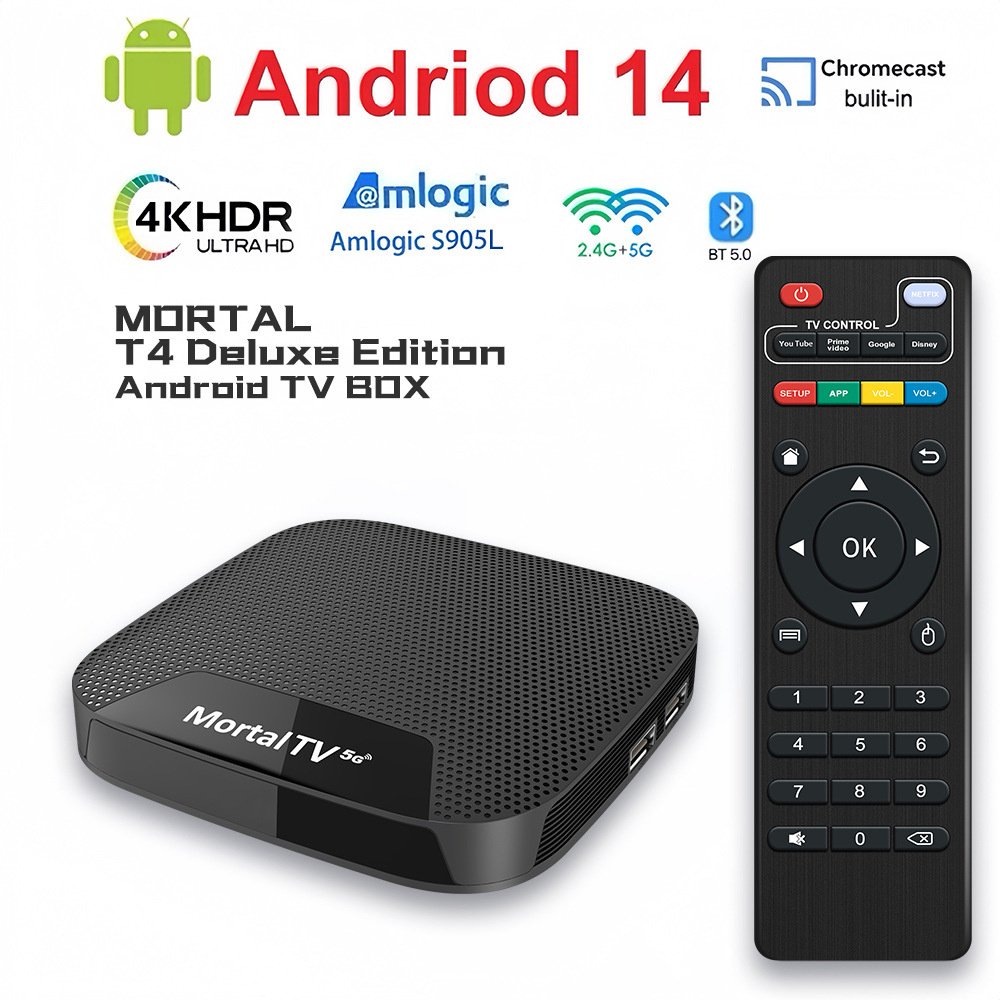 Android 14 Mortal T4 Amlogic 905L Dual Wifi BT 5.0 Voice Remote Control Support 8K Video Decoding Smart TV Box