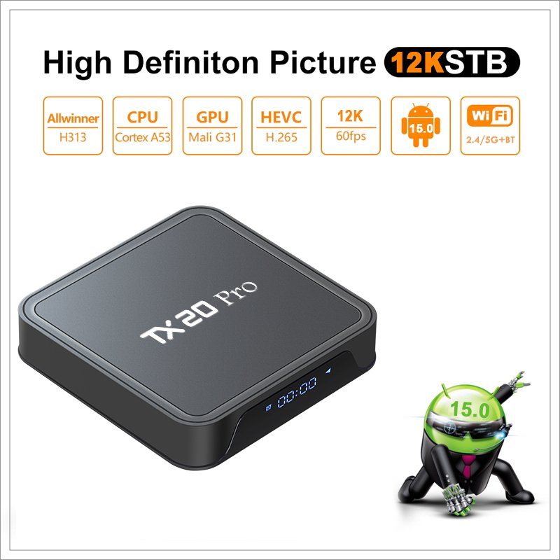 Factory Best Selling TX20 PRO Allwinner H313 Set-top Box 2.4G/5G wifi BT5.2 1GB 8GB 16GB 256GB Android 15 Smart Media Player