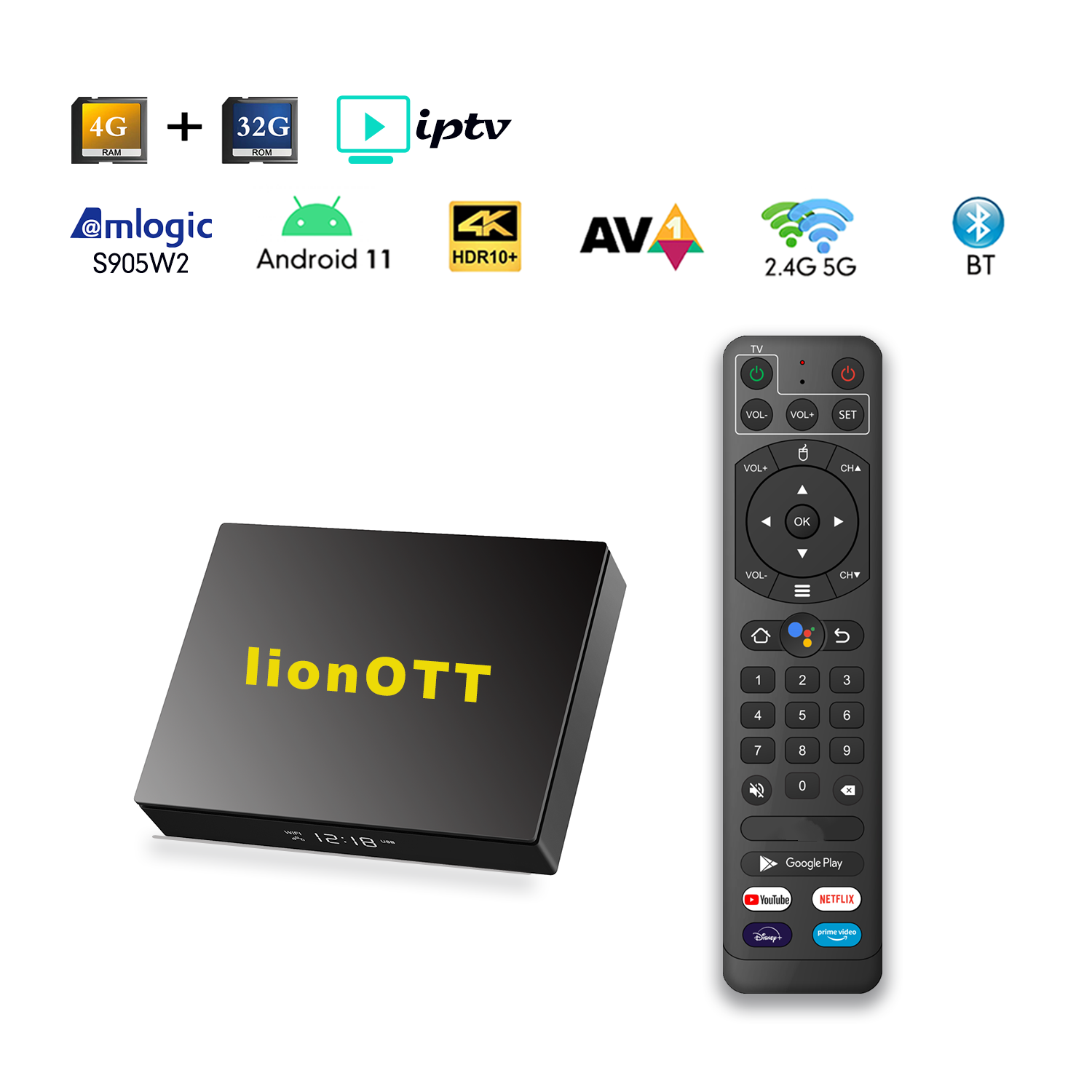Android TV Box with LionOTT 1year FREE TV channels 4GB 32GB Android 11 Amlogic S905W2 4K T9 Smart TV Box 2024