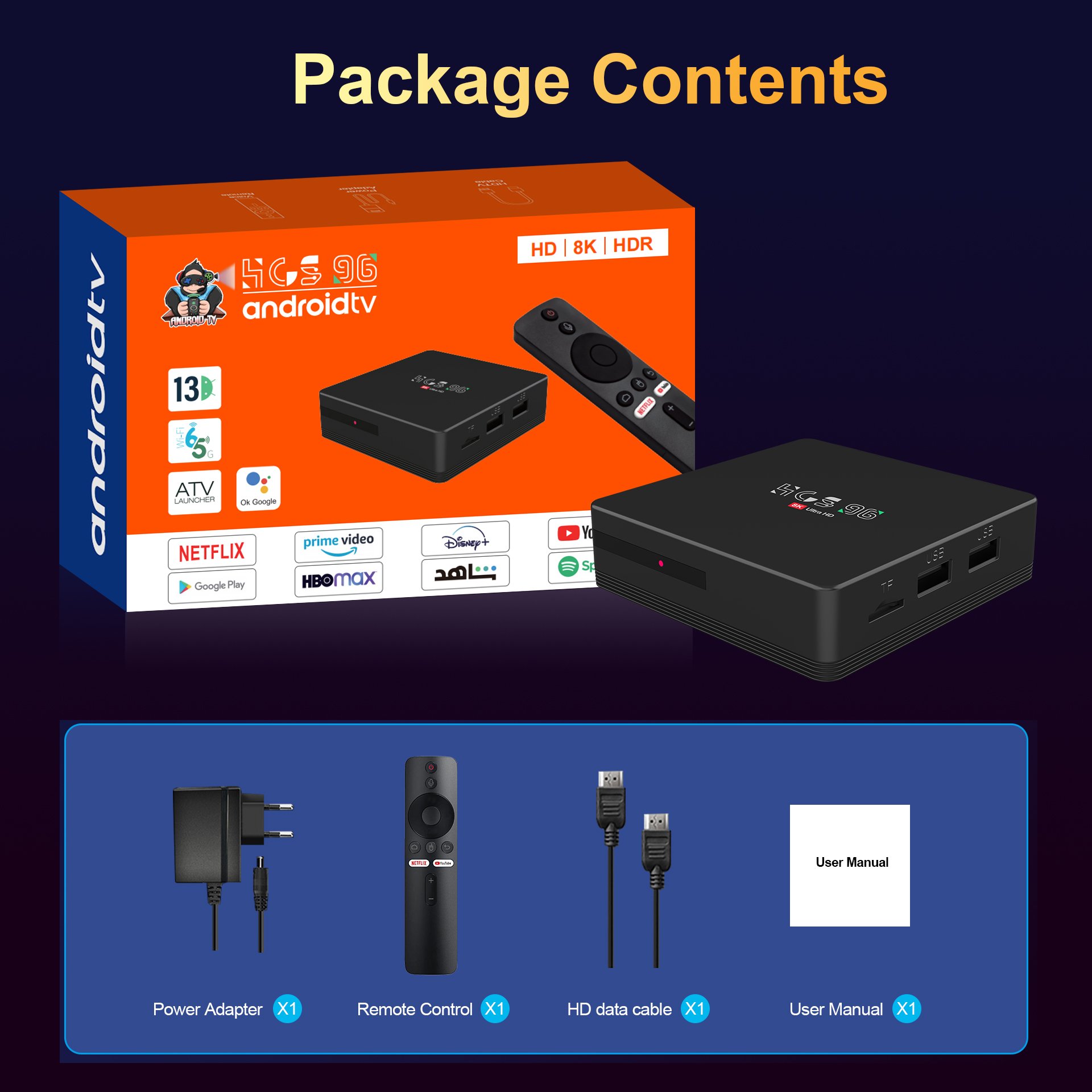 HCS96 Selling 4G 64GB Android 12 smart TV set-top box with free test 8k Bluetooth voice remote Full HD Quad core set-top box