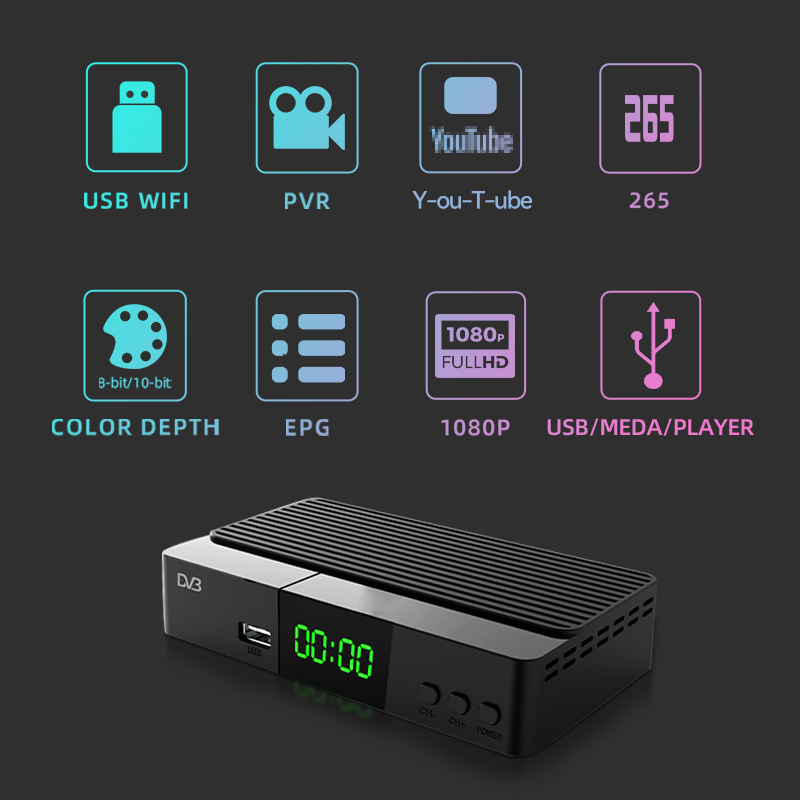 New DVB-T2 TV Tuner 10bit H265 receiver Digital TV FTA channel 1080p HD Decoder DVB-T2 set-top box