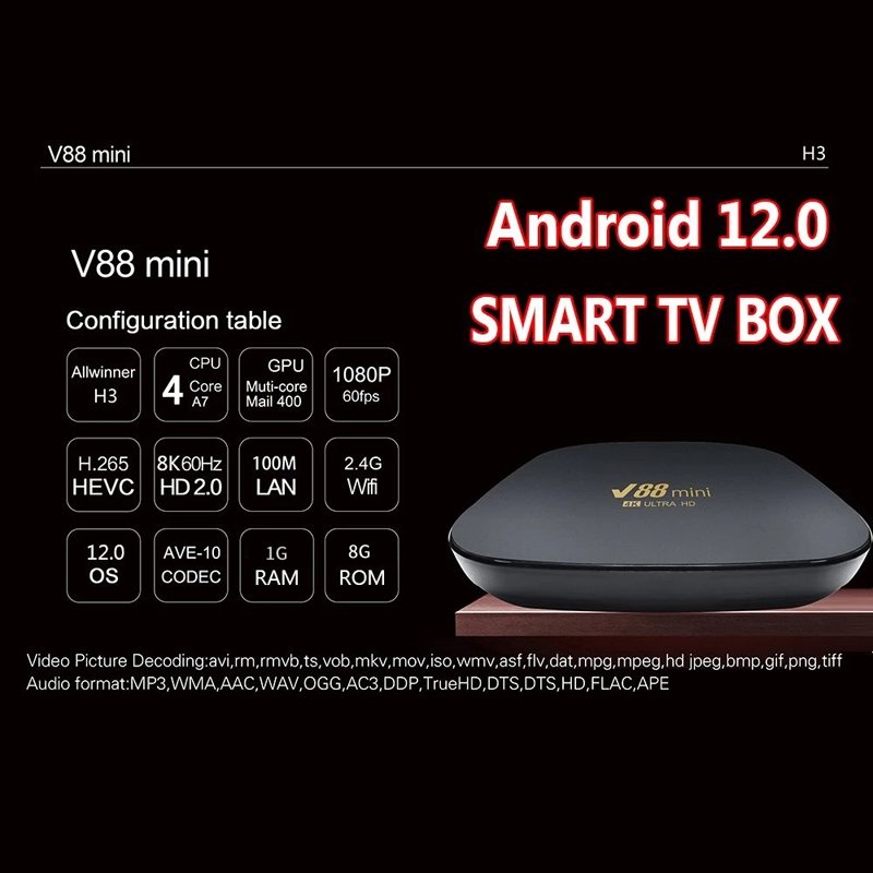 V88Mini TV Box Android 12 Allwinner H3 Quad Core 2.4G WIFI 4K Set Top Box H.265 Theater Media Player 1GB+8GB 4K HD Smart TV Box