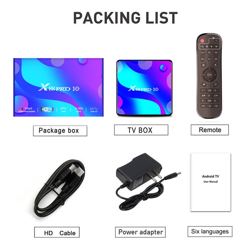 Android TV Box X88 PRO 10 Android 10 RK33188 Quad-Core 64bit Cortes-A53 EMMC 16G/32G/64G/128GB Set Top Box