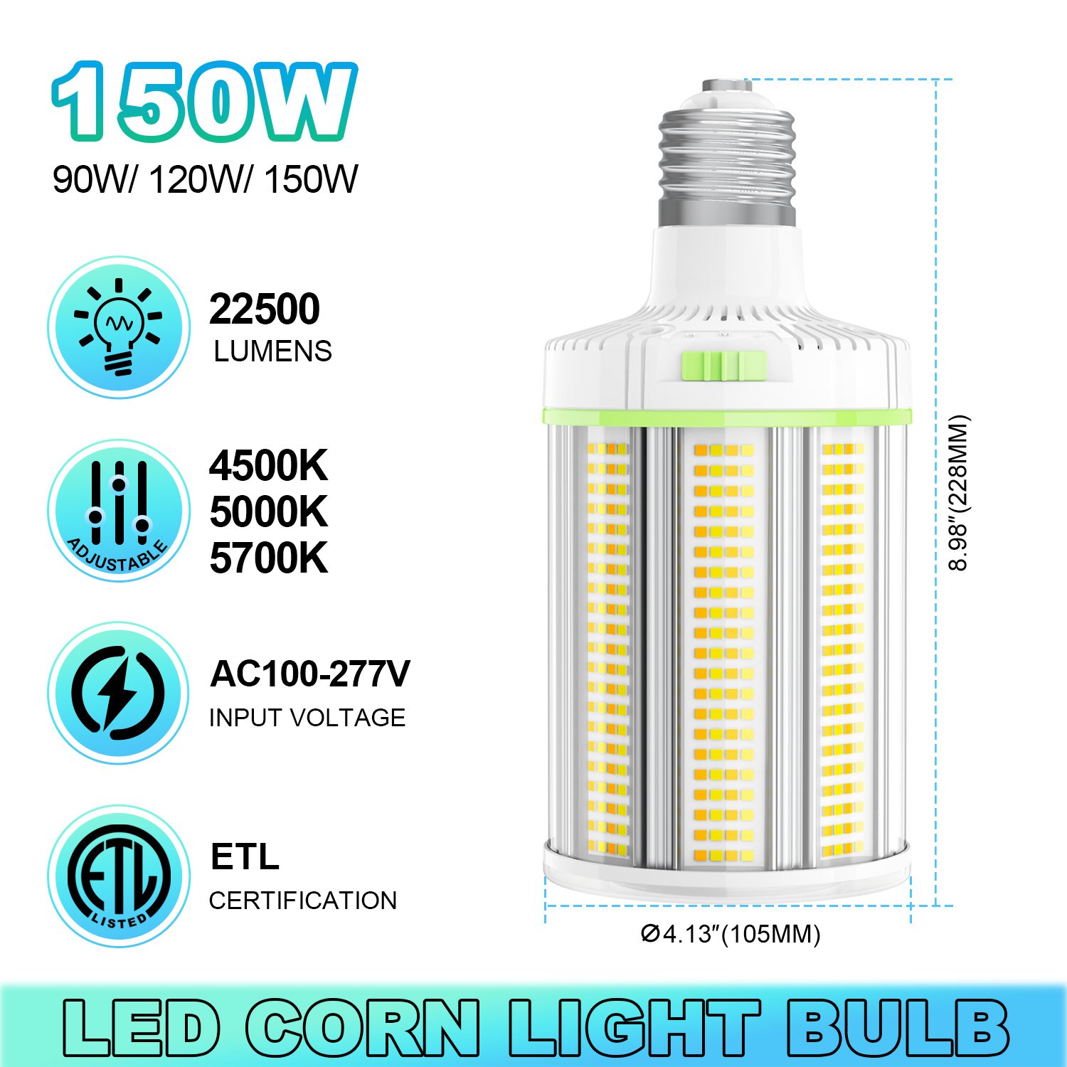 LED Corn Lamp E26/ E27/ E39/ E40 Base 30W-150W CCT Watt Dimmable Ceiling Fan Corn Lighting LED Corn Bulbs