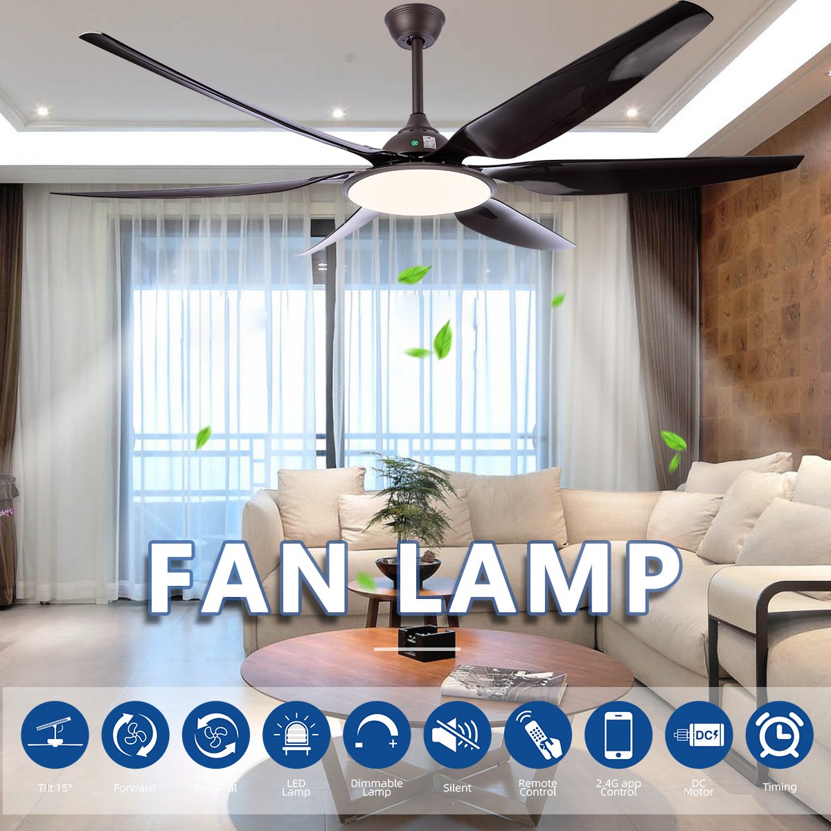 SLYNN Custom Indoor 6 blade Modern 66 Inch LED Light Fan Ceiling Outdoor Ceiling Fan with Light Remote Control Quiet Dimmable