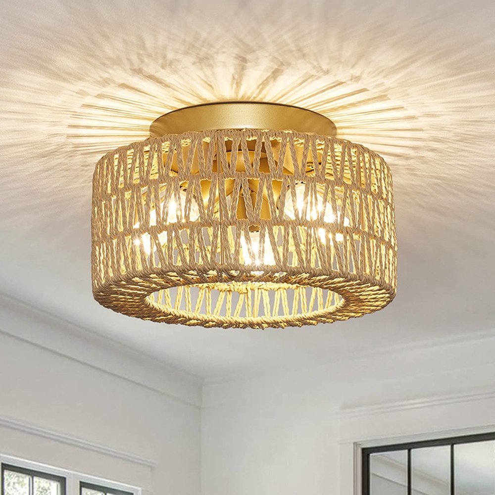 Rattan lamp 3 Light Bulbs Indoor Outdoor Ceiling Light Hanging LED Pendant Lamp Fixtures Rattan Woven Home Bedroom Decors