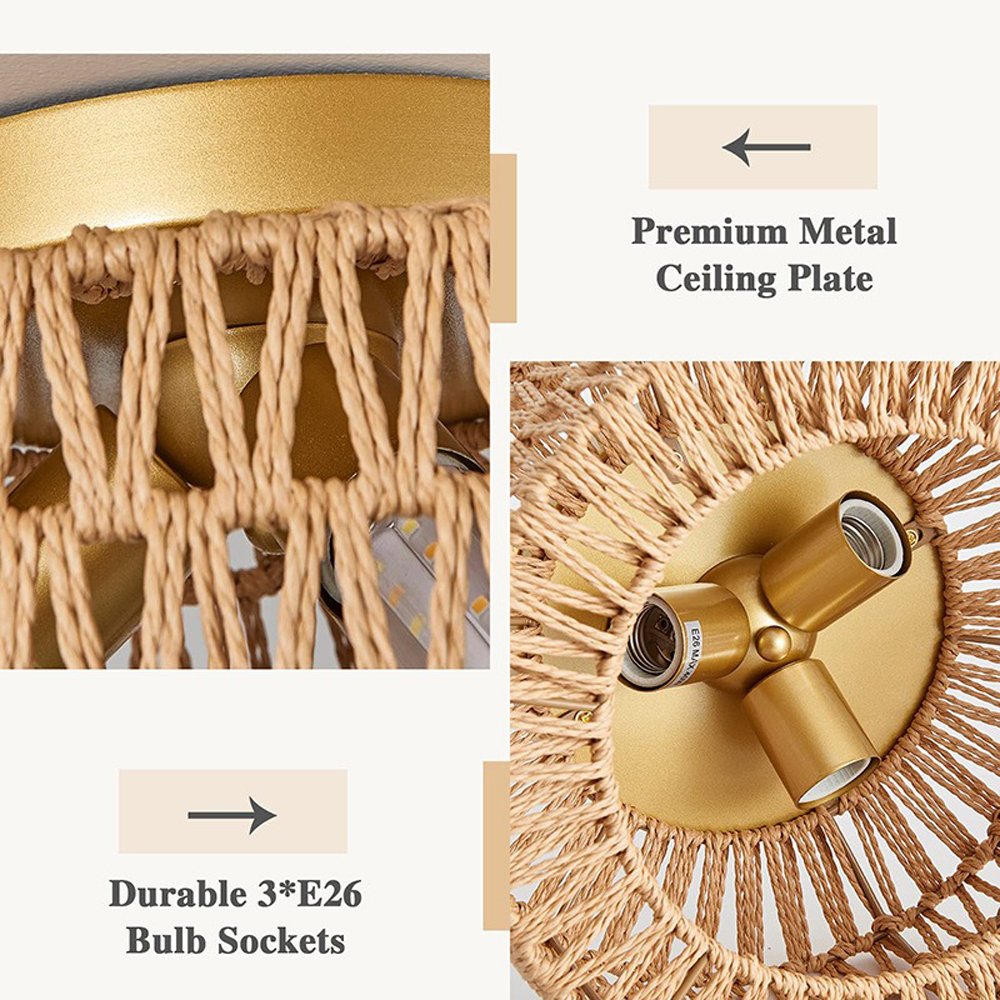 Rattan lamp 3 Light Bulbs Indoor Outdoor Ceiling Light Hanging LED Pendant Lamp Fixtures Rattan Woven Home Bedroom Decors