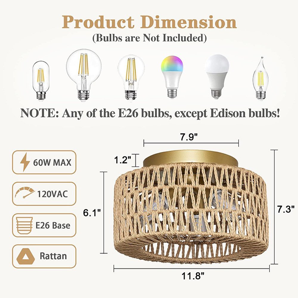 Rattan lamp 3 Light Bulbs Indoor Outdoor Ceiling Light Hanging LED Pendant Lamp Fixtures Rattan Woven Home Bedroom Decors