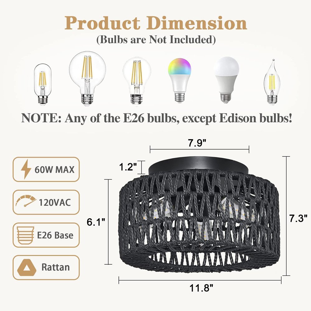 Rattan lamp 3 Light Bulbs Indoor Outdoor Ceiling Light Hanging LED Pendant Lamp Fixtures Rattan Woven Home Bedroom Decors