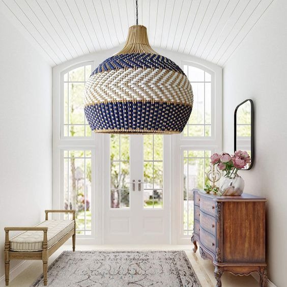 Blue White Woven Rattan Lampshade for Living Home Decor Pendant Light Ceiling Lamp Light for Resort Hotel Woven by Vietnamese