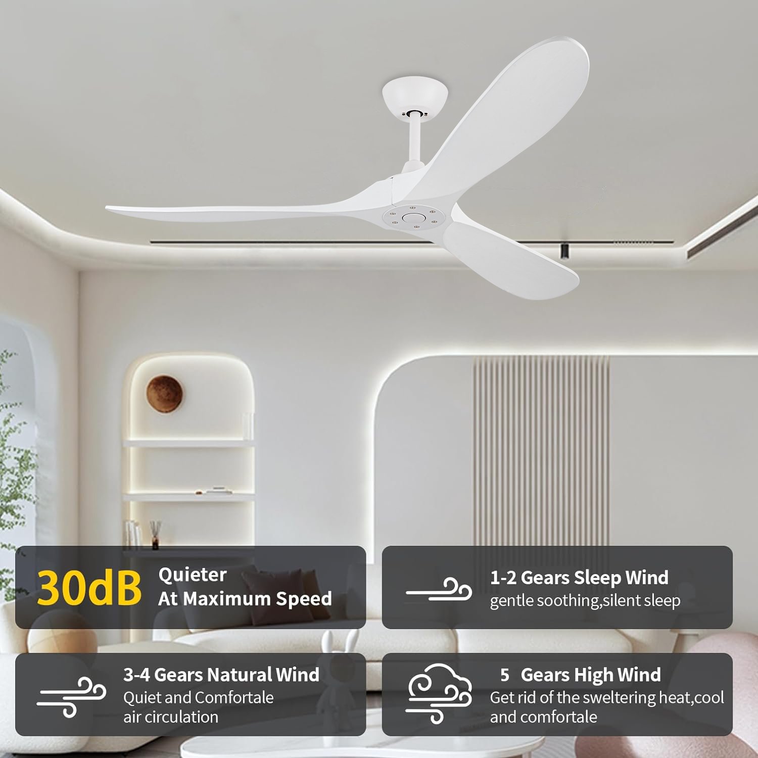 60'' White Ceiling Fan without Light, Reversible Brushless DC motor, Modern Wood Ceiling Fan with Remote for Bedroom Living Room