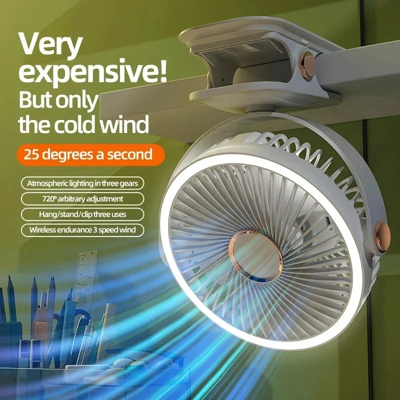 Portable Rechargeable Camping LED Light Fan Wireless Ceiling Electric Air Circulator with Clipon for Car RV Outdoor Use