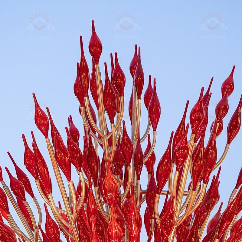 Outdoor customized park square red blown glass landscape light elements combined with small tree modeling lights