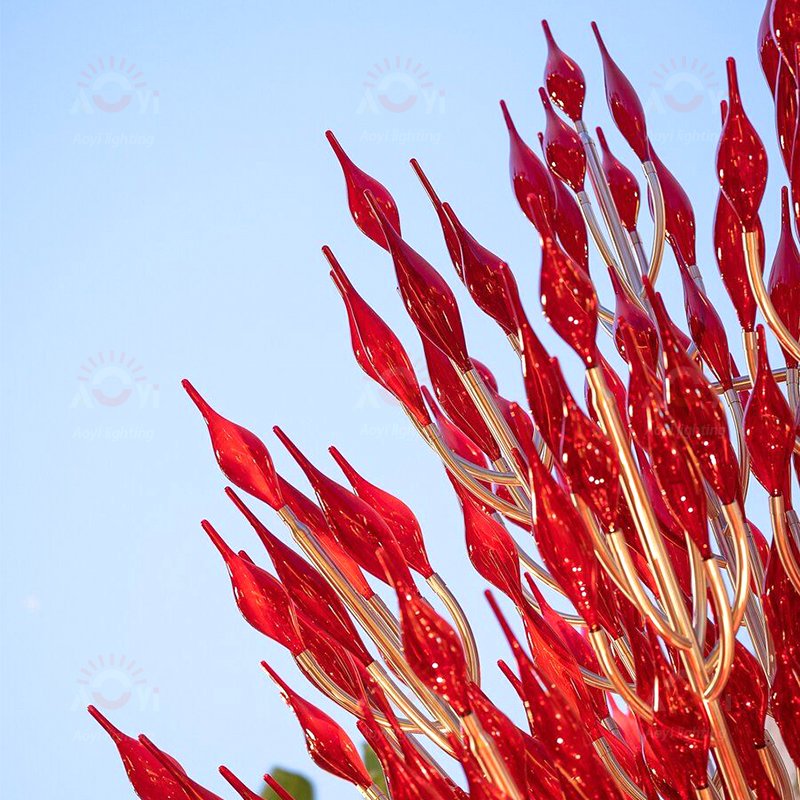 Outdoor customized park square red blown glass landscape light elements combined with small tree modeling lights