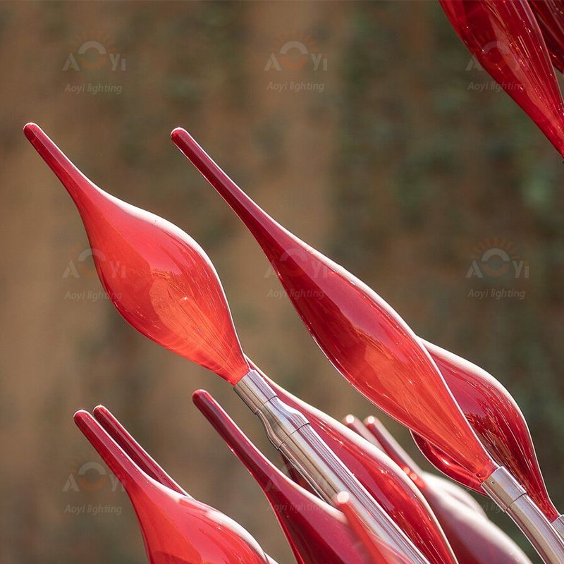 Outdoor customized park square red blown glass landscape light elements combined with small tree modeling lights