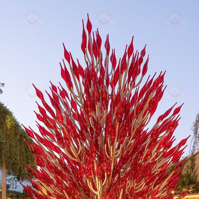 Outdoor customized park square red blown glass landscape light elements combined with small tree modeling lights