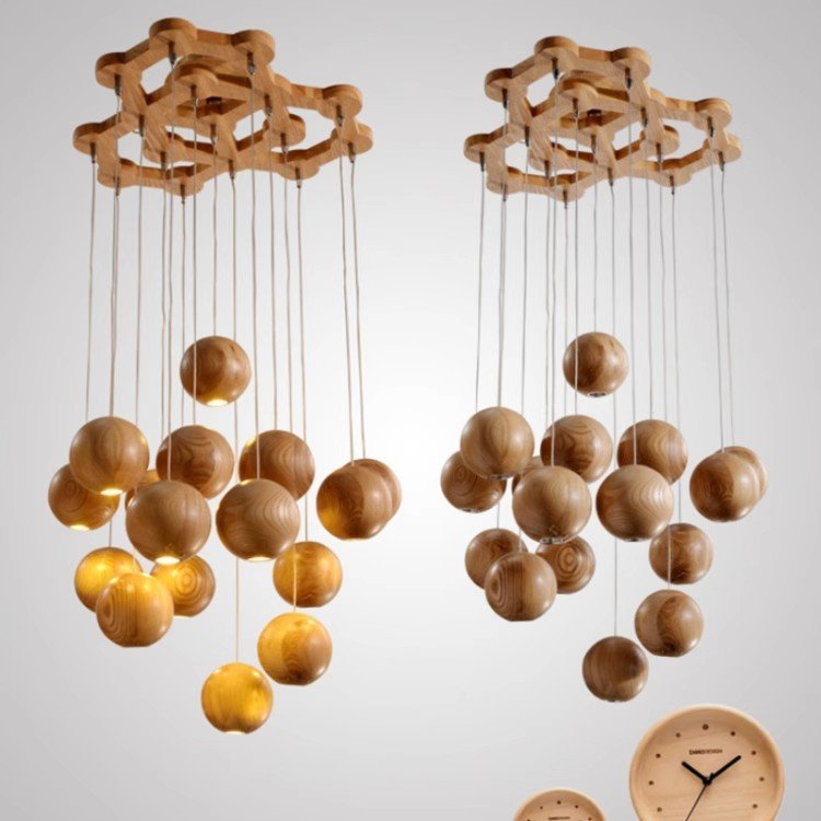 Creative dining room chandelier Nordic wood designer Hotel Lobby Light Japanese solid wood round ball living room light