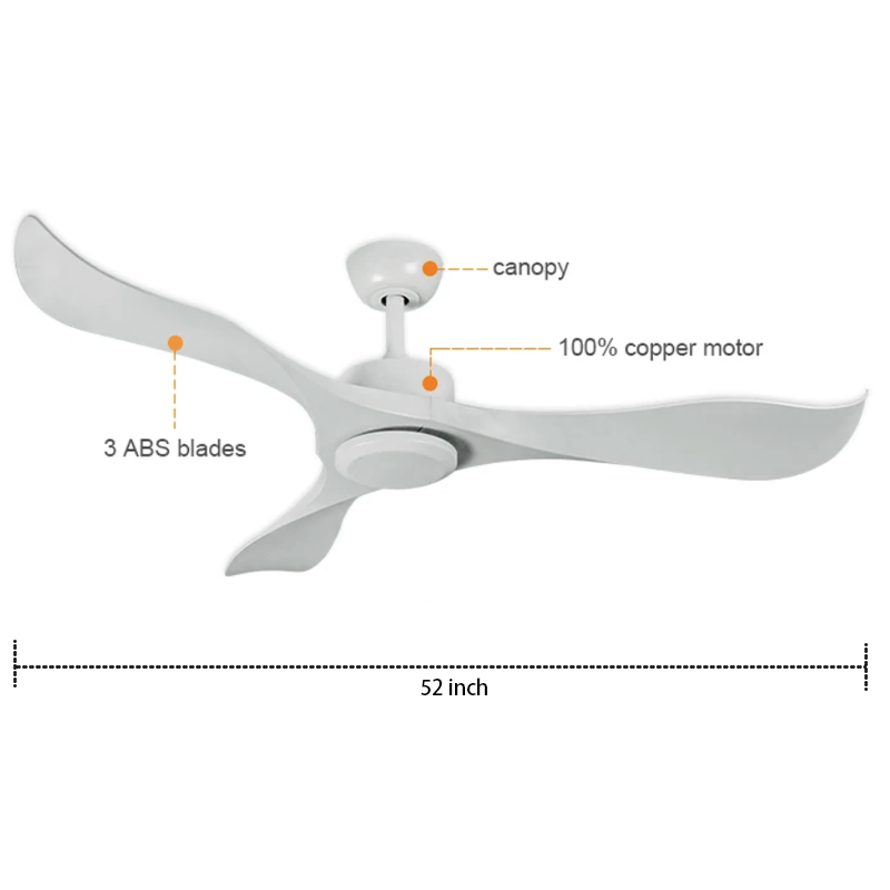 Led Ceiling Fan Light 52 Inch 3 Abs Blade Outdoor Waterproof White Ceiling Fan Decorative Ceiling Fan