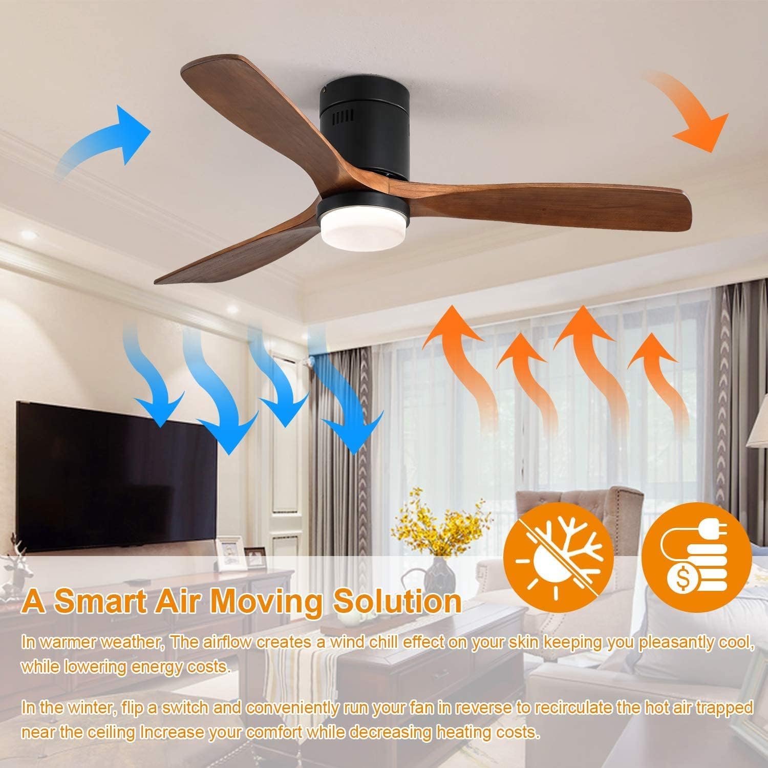 Modern Nordic 52 Inch 3 Solid Wood 22W LED Fan Remote Control Low Profile Ceiling Fan with Light