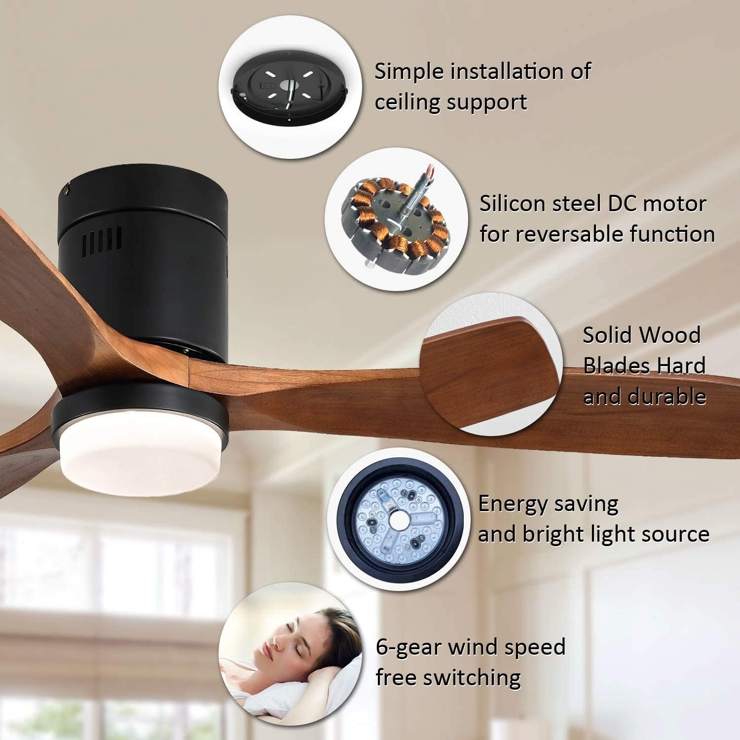 Modern Nordic 52 Inch 3 Solid Wood 22W LED Fan Remote Control Low Profile Ceiling Fan with Light