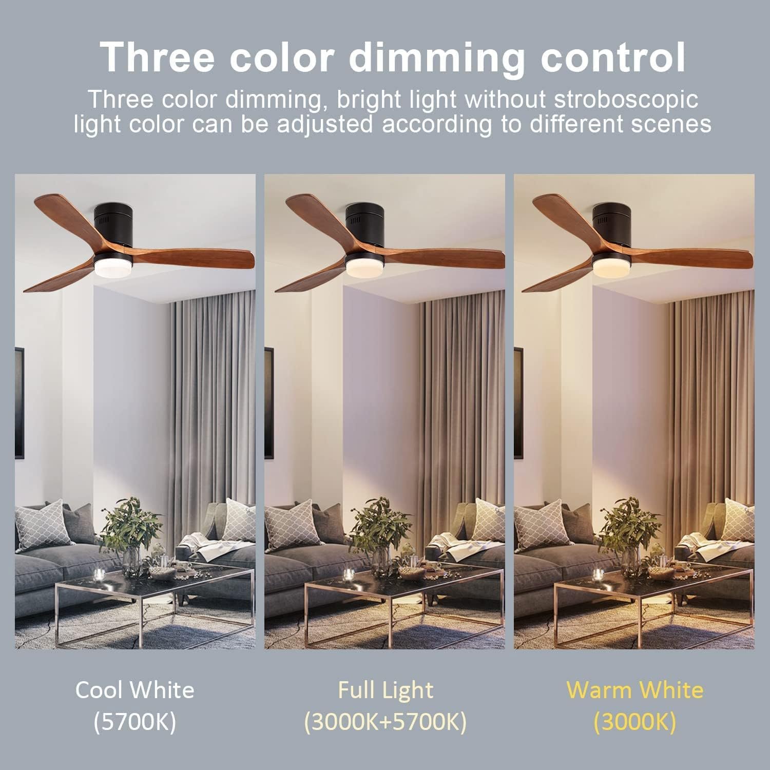 Modern Nordic 52 Inch 3 Solid Wood 22W LED Fan Remote Control Low Profile Ceiling Fan with Light