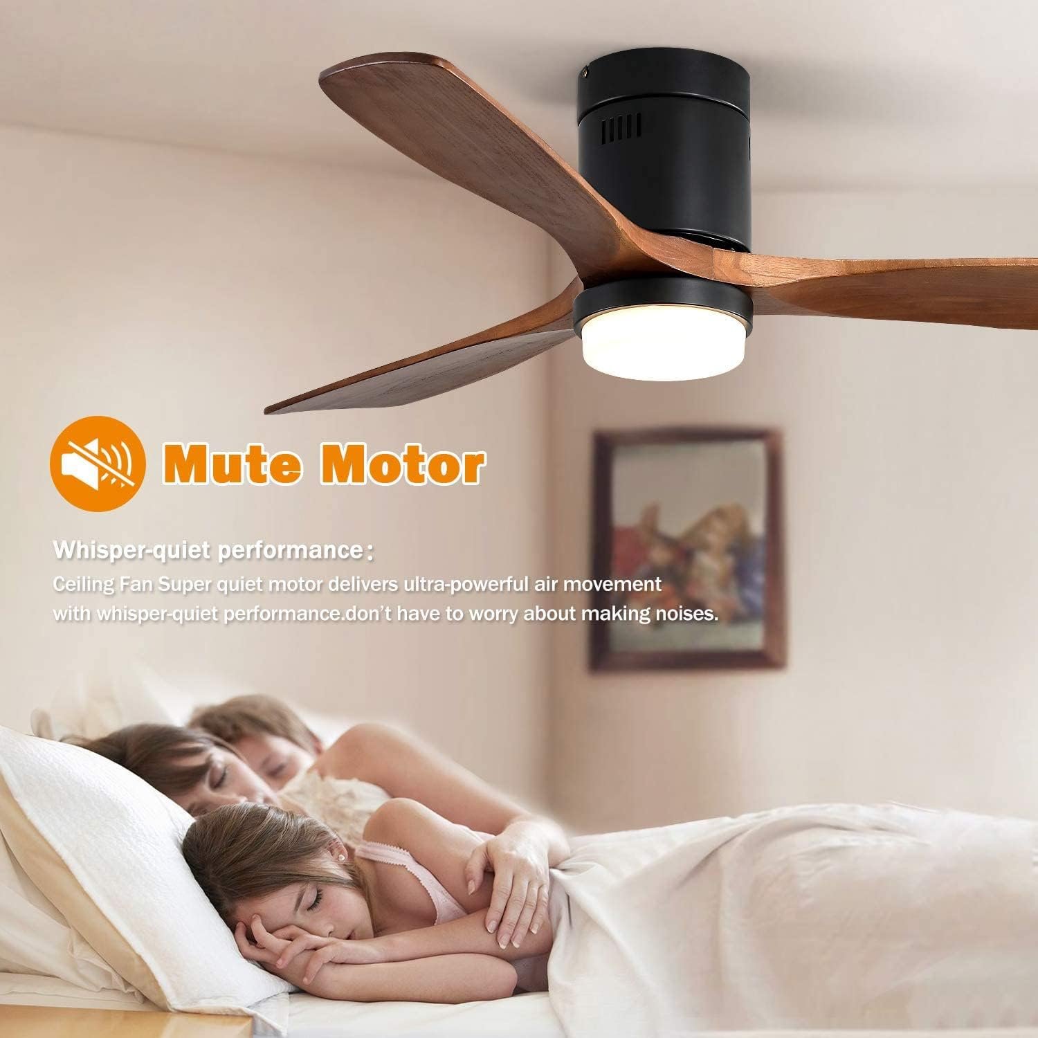 Modern Nordic 52 Inch 3 Solid Wood 22W LED Fan Remote Control Low Profile Ceiling Fan with Light