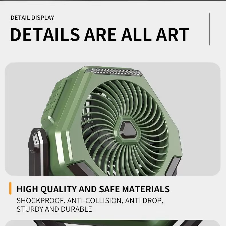 Portable Camping Electric Fan with LED Light Rechargeable 6000mAh Desktop Ceiling Fan with Hook Outdoor Circulator