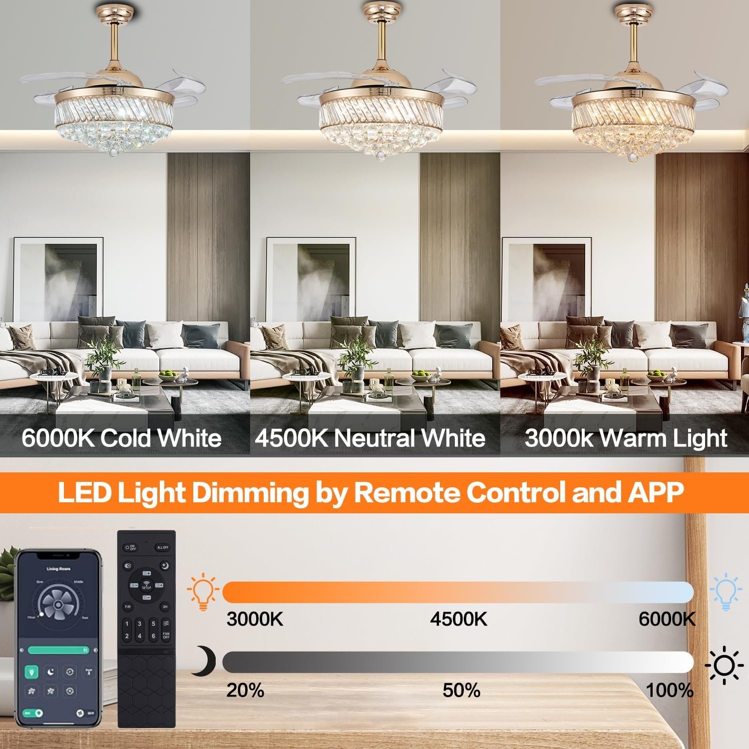 42 inch crystal living conference room golden light dimmer intelligent remote control cooling ceiling fan with led light