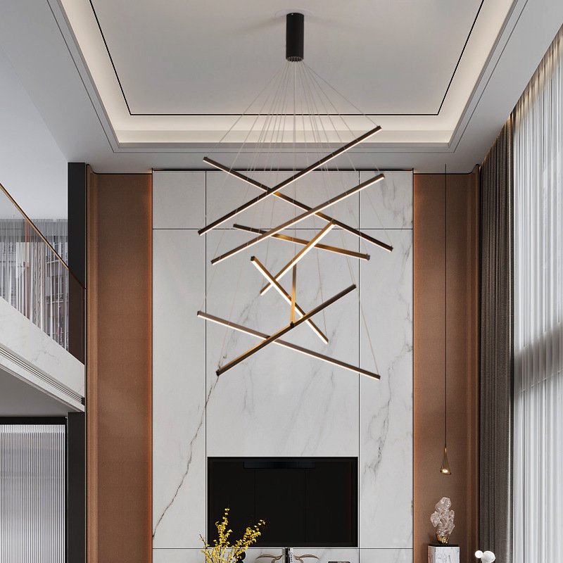 Modern Simple Tube Pipe Led Linear Chandelier Artistic Dining Room Black Finish LED Pendant Lights For House Staircase Villa