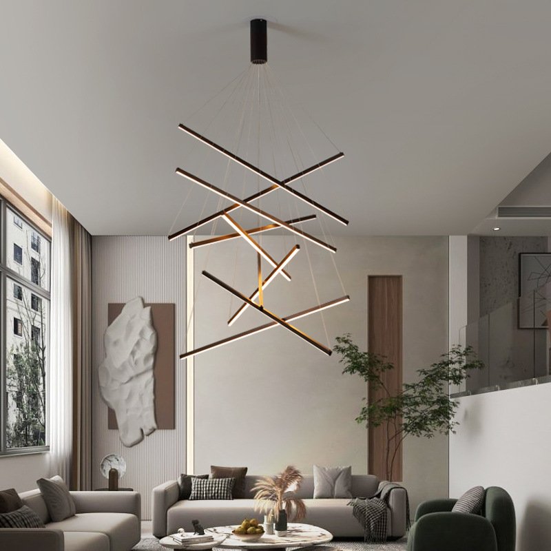Modern Simple Tube Pipe Led Linear Chandelier Artistic Dining Room Black Finish LED Pendant Lights For House Staircase Villa