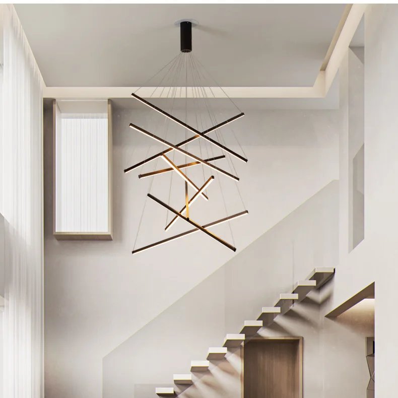 Modern Simple Tube Pipe Led Linear Chandelier Artistic Dining Room Black Finish LED Pendant Lights For House Staircase Villa