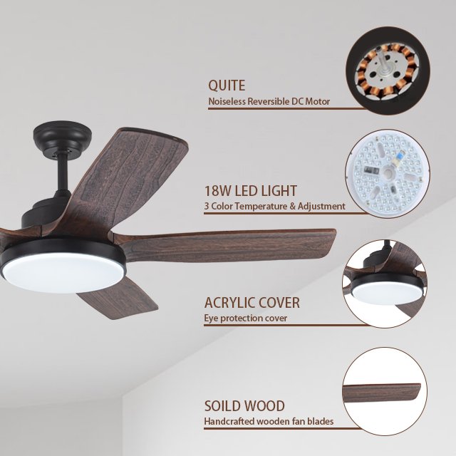 Factory Production Drop Shipping 52 Inch Modern Dc Motor Remote Control Solid Wood Blade Led Ceiling Fan With Light
