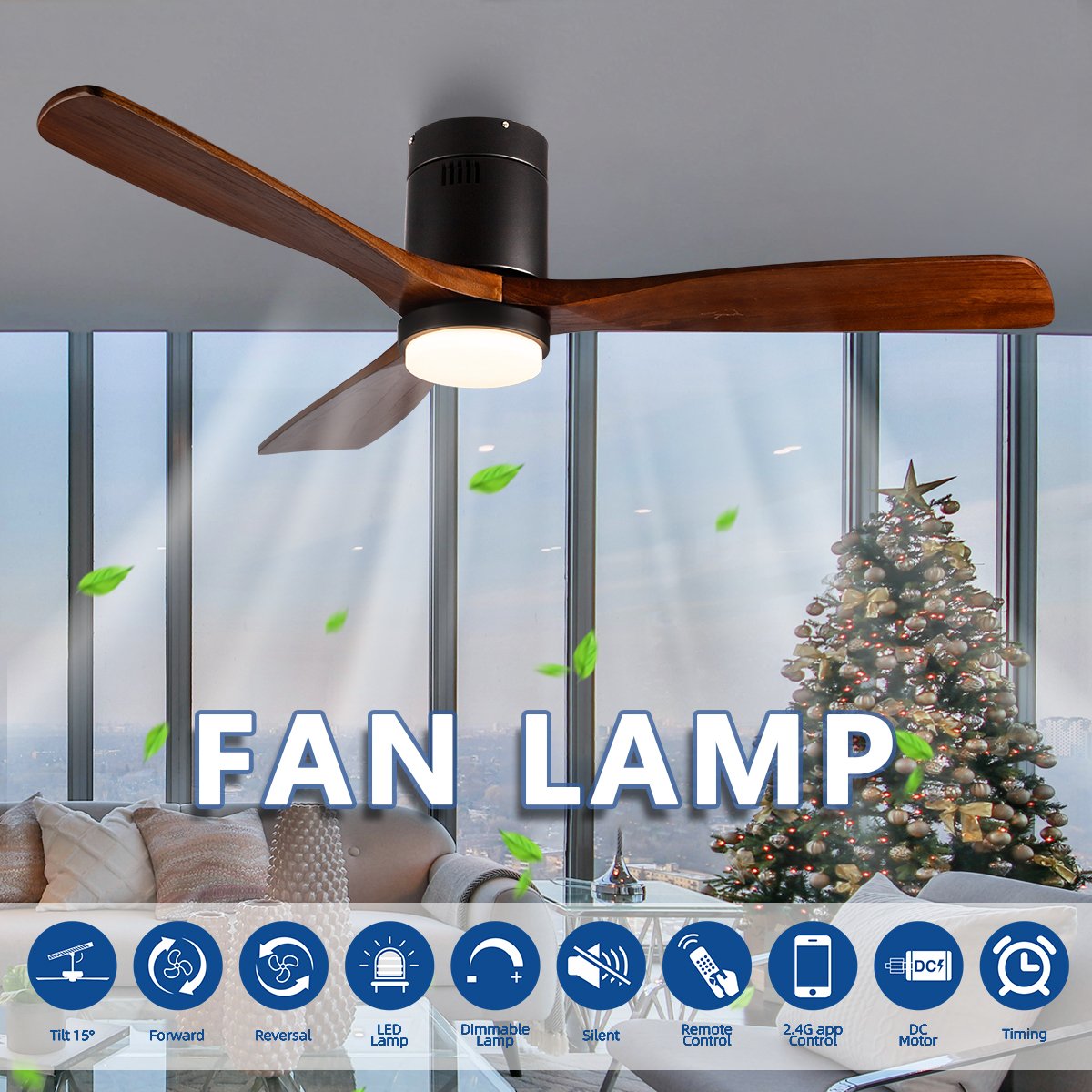 52 Inch Outdoor Ceiling Fans Energy Saving Reversible DC Motor Solid wood Ceiling Fans with Remote Control