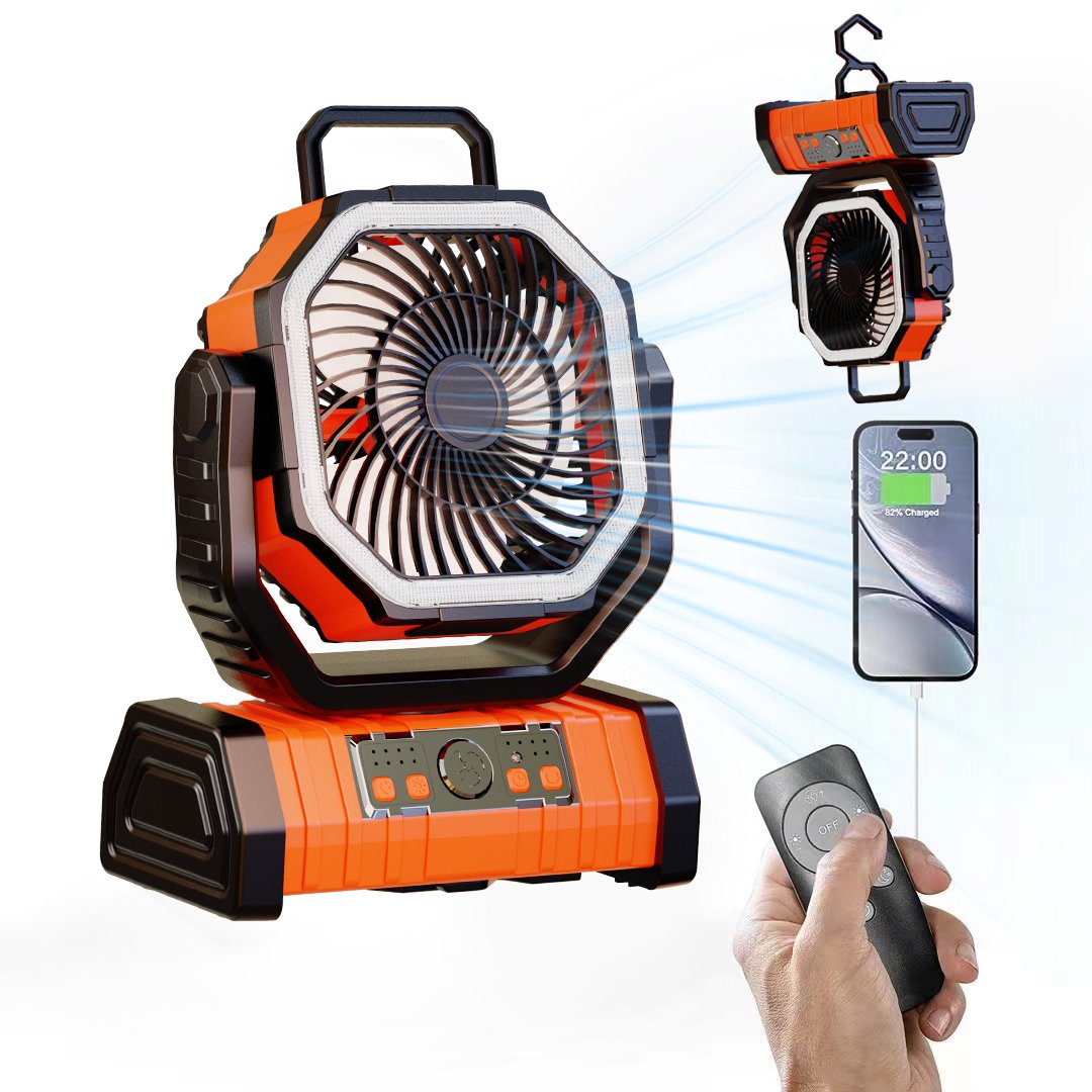 2024 New Trending Hook Portable Outdoor 20000mAh Auto-Oscillating Plastic desktop desk table fan with battery and led light