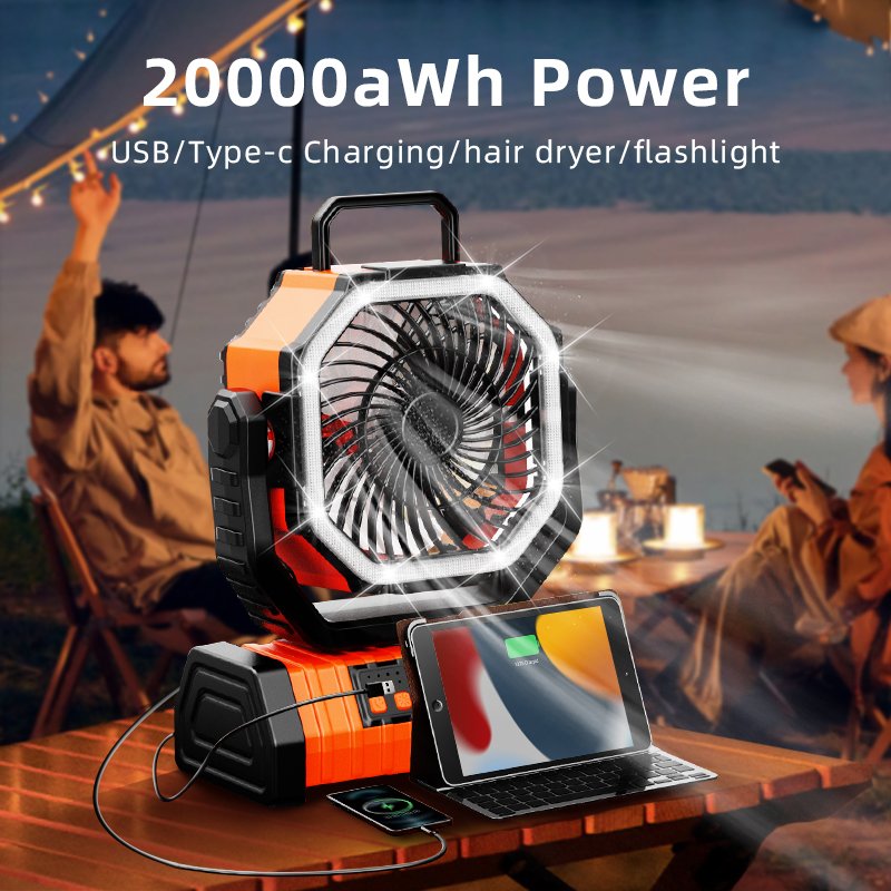 2024 New Trending Hook Portable Outdoor 20000mAh Auto-Oscillating Plastic desktop desk table fan with battery and led light