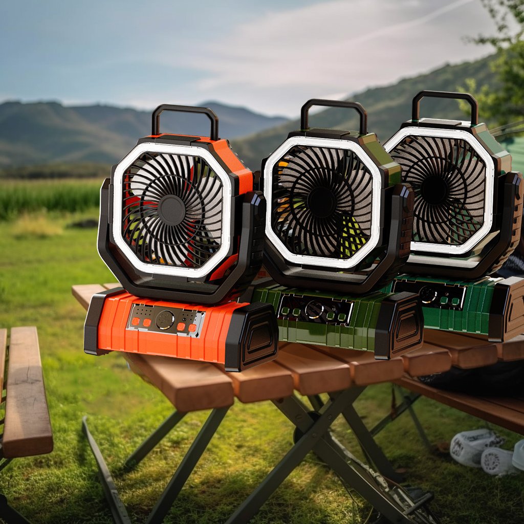 2024 New Trending Hook Portable Outdoor 20000mAh Auto-Oscillating Plastic desktop desk table fan with battery and led light