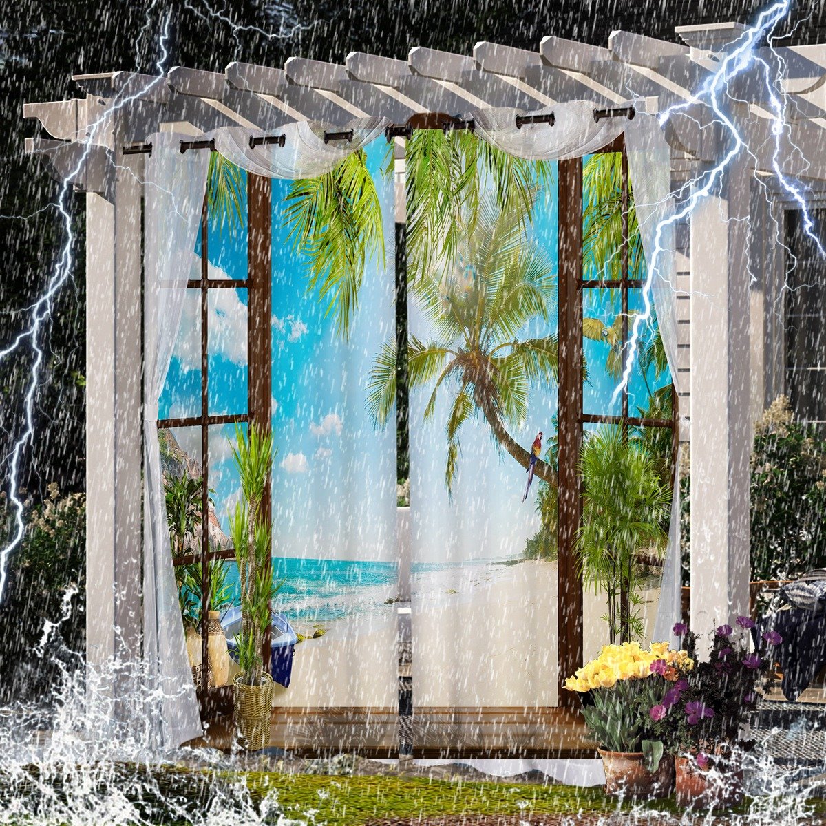 Customized logo Outdoor Lines Waterproof Indoor Outdoor Curtains for Patio Privacy Sun Blocking Grommet Curtain Panel for Gazebo