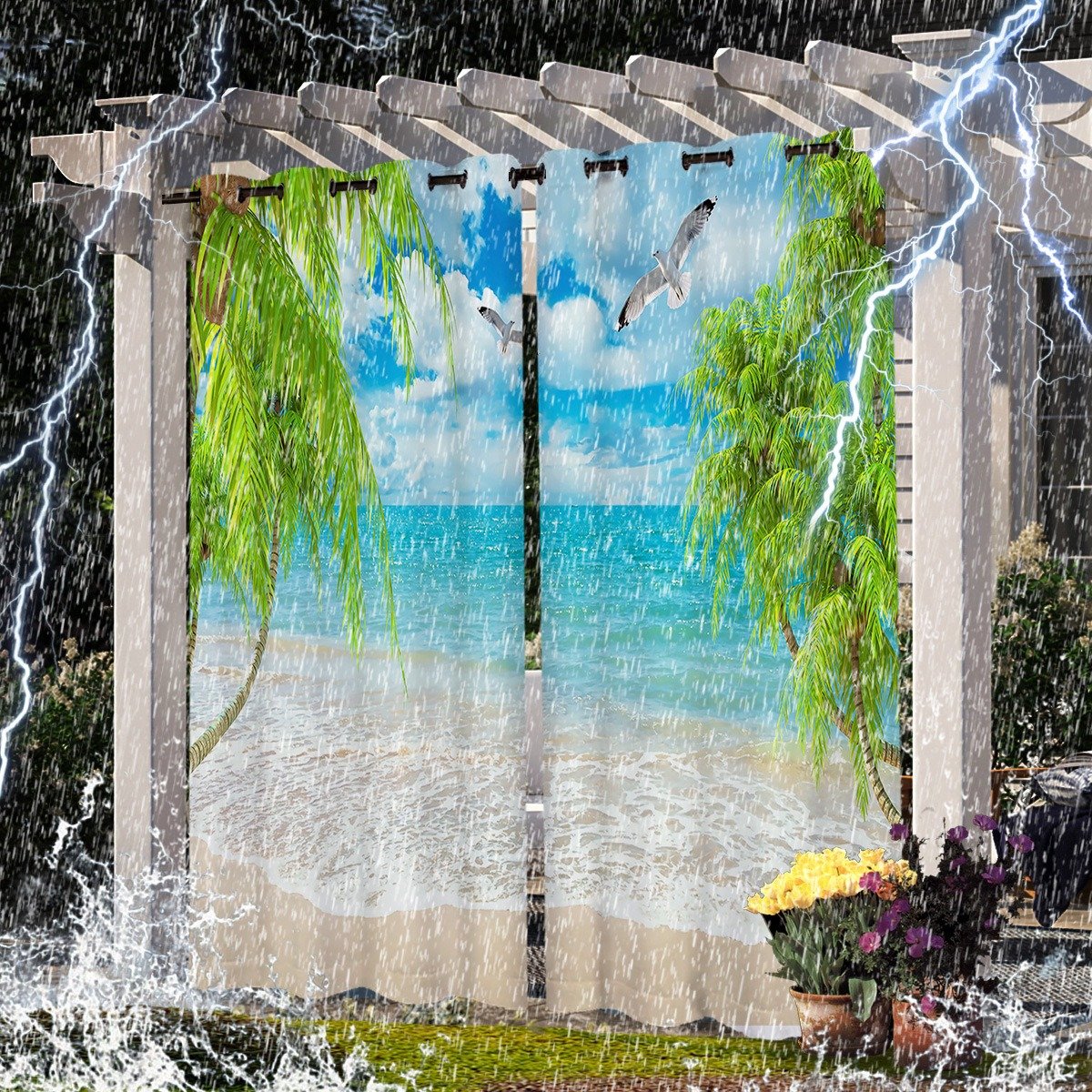 Customized logo Outdoor Lines Waterproof Indoor Outdoor Curtains for Patio Privacy Sun Blocking Grommet Curtain Panel for Gazebo