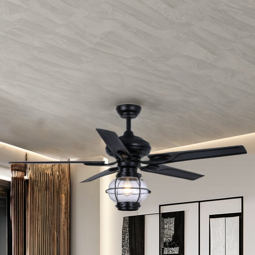 52"Retro industrial style black iron leaf remote control fan lamp modern bedroom lamp and outdoor pavilion ceiling fan lamp