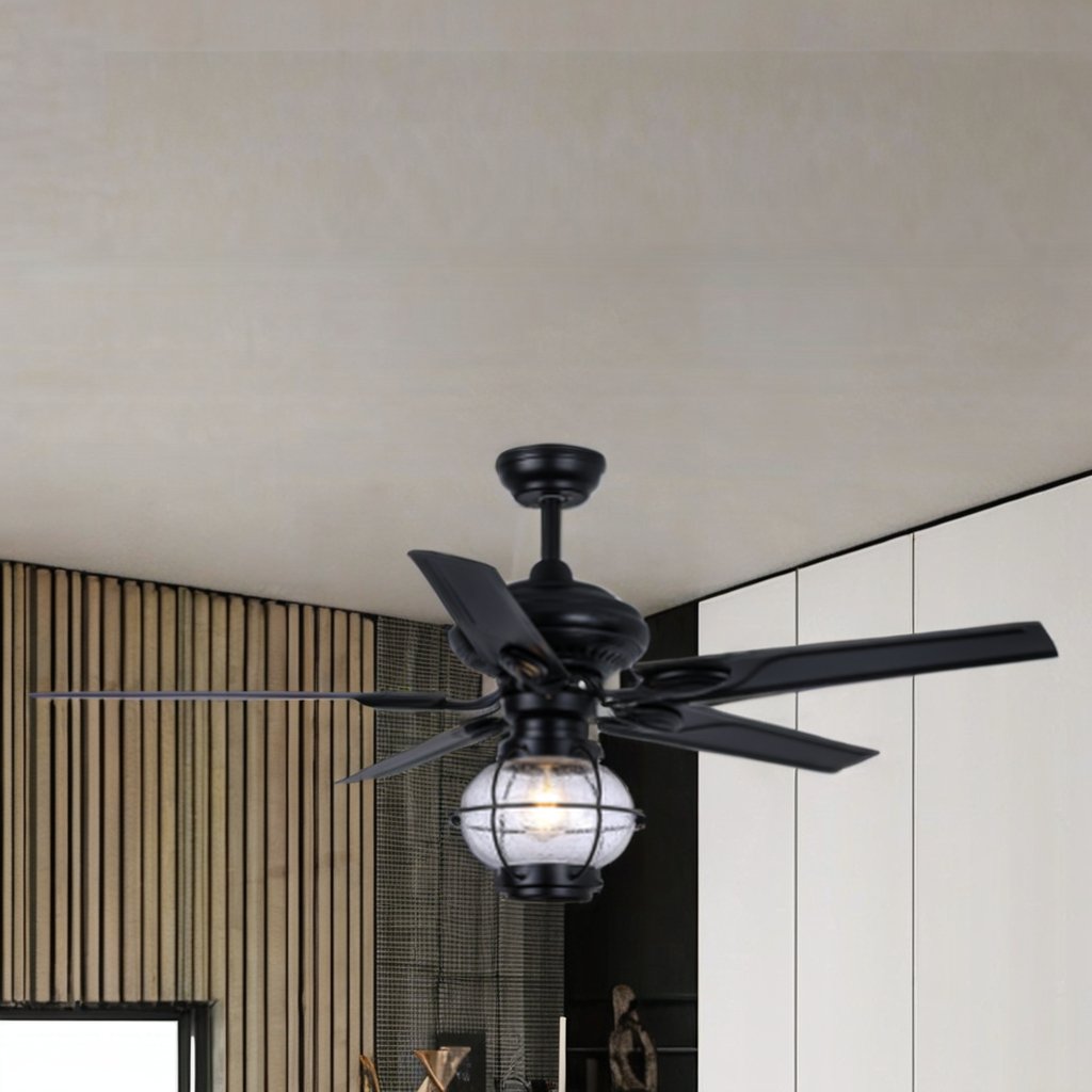 52"Retro industrial style black iron leaf remote control fan lamp modern bedroom lamp and outdoor pavilion ceiling fan lamp