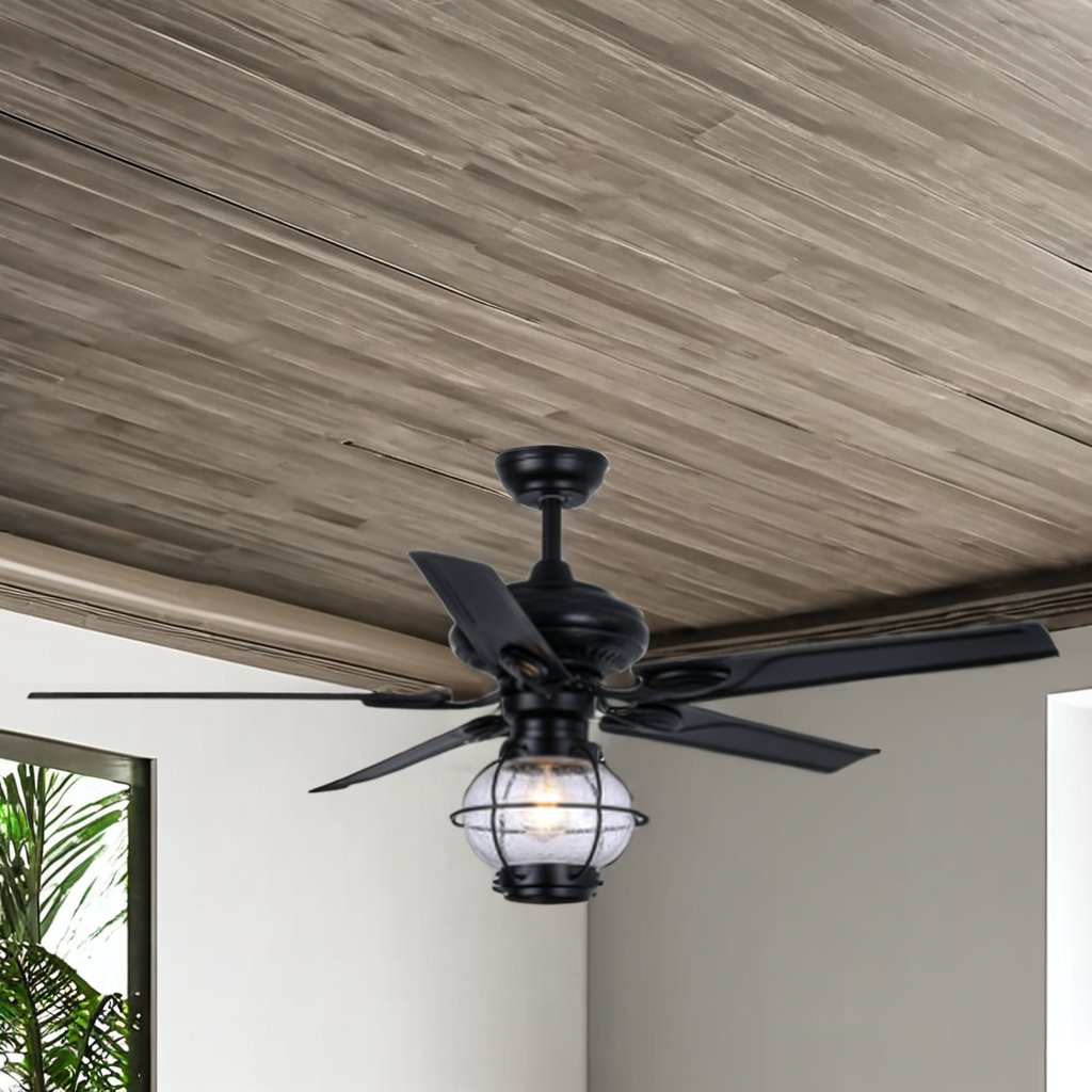 52"Retro industrial style black iron leaf remote control fan lamp modern bedroom lamp and outdoor pavilion ceiling fan lamp