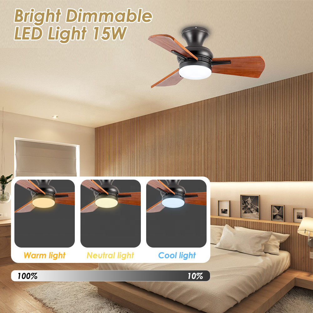 36" Simple Ceiling Fan With LED Light High Airflow 3 wooden DC remote Ceiling Fan light